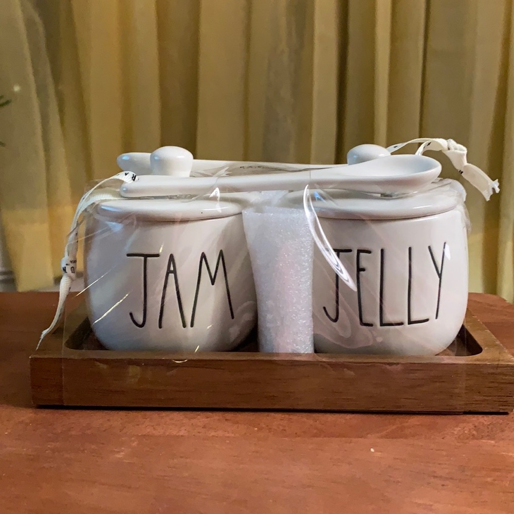 RAE DUNN 5 piece set JAM & JELLY jars with spoons and tray NEW